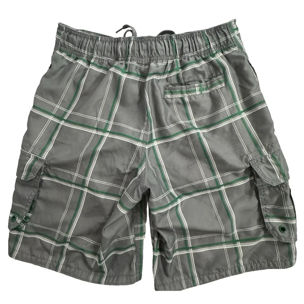 OP Ocean Pacific Board Shorts Men M 32/34 Grey/Green Windowpane Cargo Swim‎ READ
